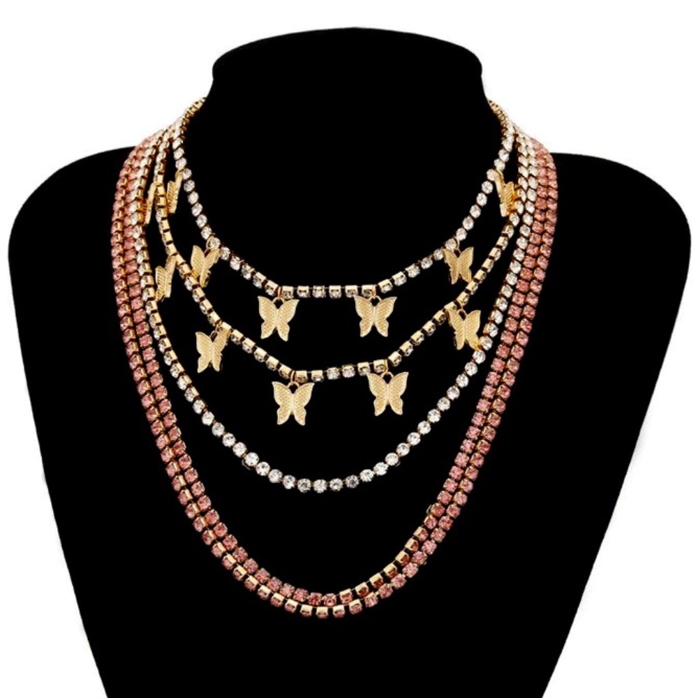 Beautiful 5 Piece Ice Pink Butterfly Tennis Choker Set